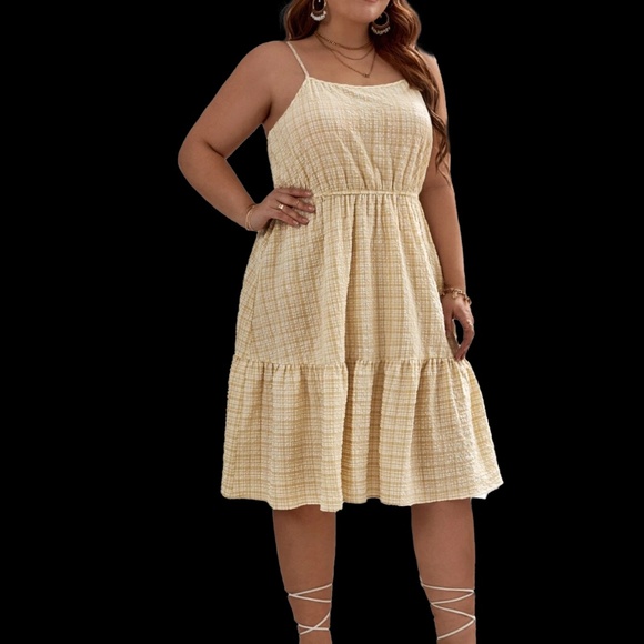 Cami Dress 3XL Belted Knee Length Yellow Plaid Spaghetti Strap Flounce Hem - Picture 6 of 7